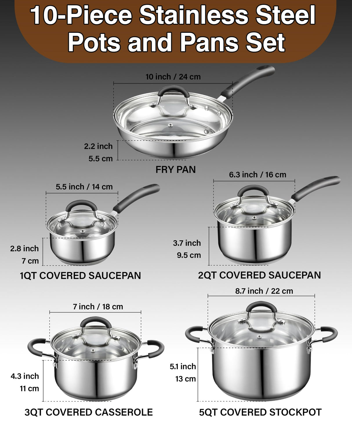 Cook N Home Stainless Steel Cookware Sets 10-Piece, Pots and Pans Kitchen Cooking Set with Stay-Cool Handles, Dishwasher Safe, Silver Cook N Home