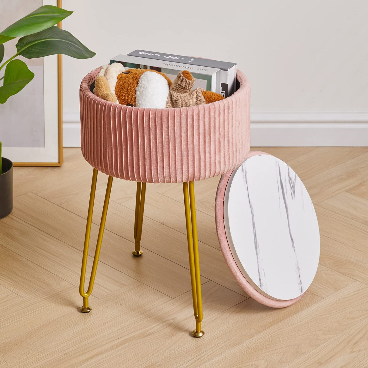 IBUYKE Velvet Storage Footrest Stool Ottoman, Makeup Vanity Stool Side Table with Golden Steel Legs Removable Cover, Coffee Table Top Cover, Pink LG-20P IBUYKE