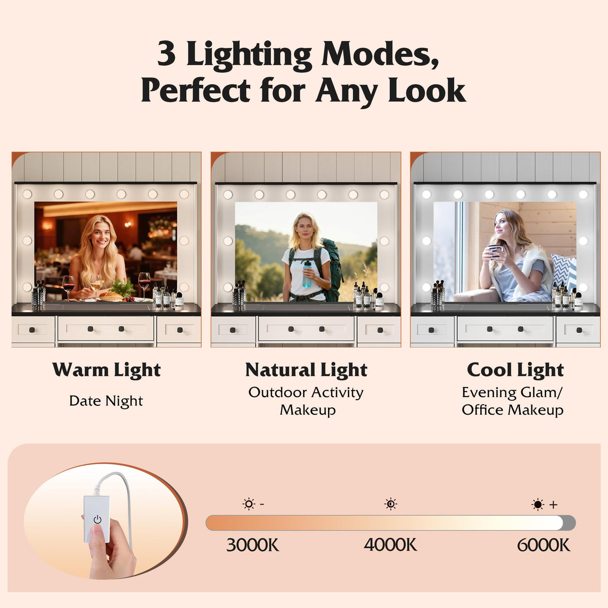 WLIVE 43‘’ Farmhouse Makeup Vanity Desk with Large Mirror and Lights, Glass Top Vanity Table with 3 Drawers and 2 Cabinets, Dressing Table w/ 3 Color Modes for Bedroom, Vanity with Lights (White) WLIVE