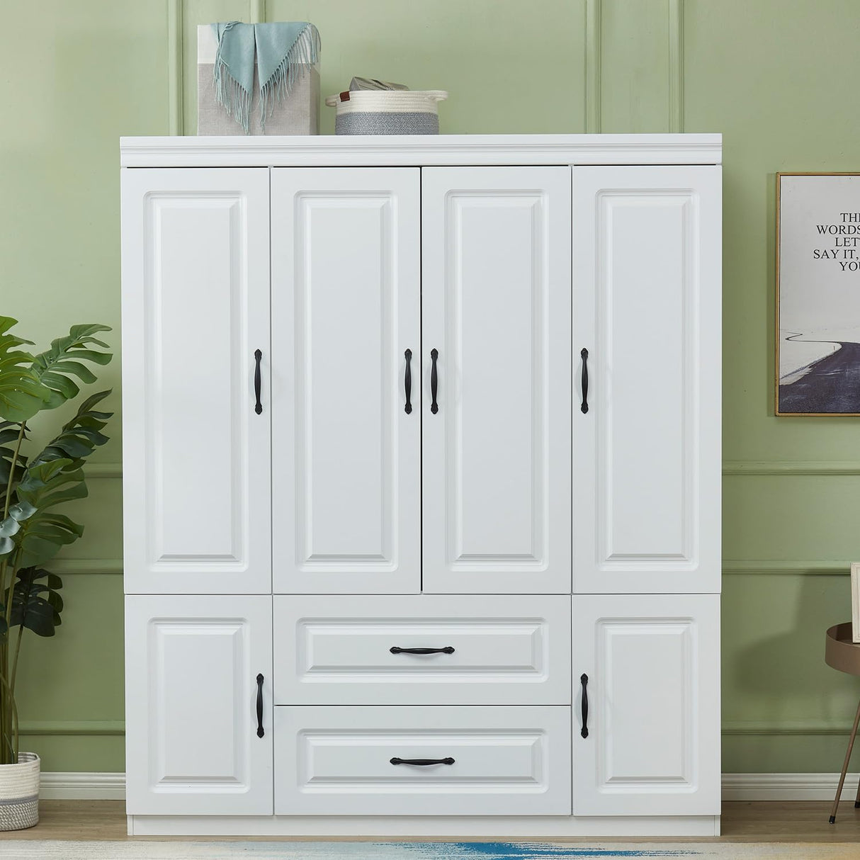 ClassyCabin 4 Door Armoire Wardrobe Closet, Wood 2 Drawers Armoire Storage Cabinet for Large Capacity, White Bedroom Armoires for Clothes with Hanging Rod and 5 Storage ClassyCabin