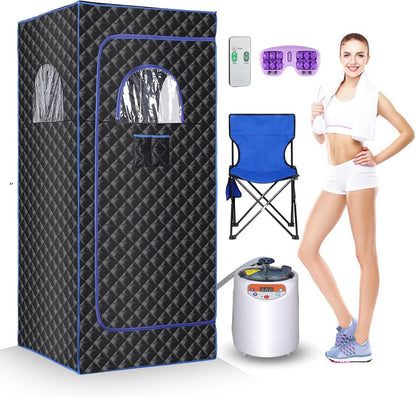 Portable Sauna Box,Steam Sauna Tent for Home Spa,Large Space Personal Home Sauna Tent Full Body with 3 L 1100 w Steamer,Chair,Foot Massager,Remote Control Included (Black)