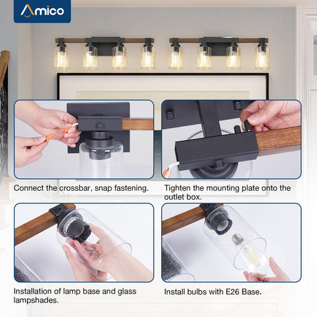 Amico Farmhouse Bathroom Vanity Light Fixtures,Rustic 4-Light Industrial Painted Wood Vanity Lights for Bathroom,Vintage Black Wall Sconces Bathroom Vanity Lighting with Bubble Glass Shade Amico