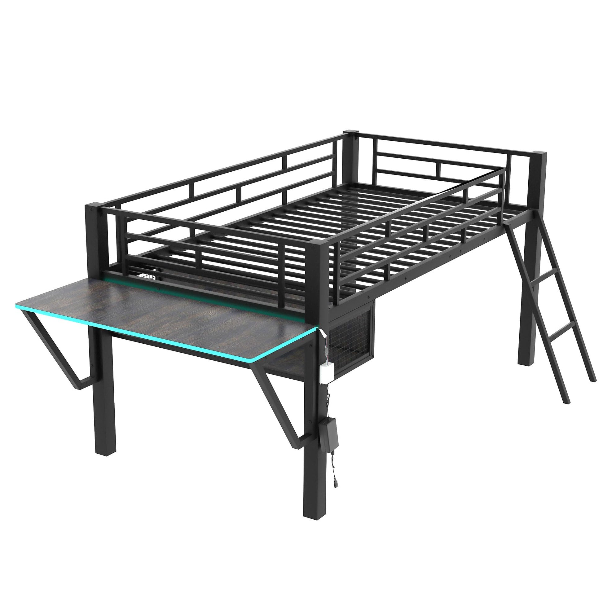 Linique Black Twin Size Gaming Loft Bed with Desk, LED Lights, and Staircase - WoodArtSupply