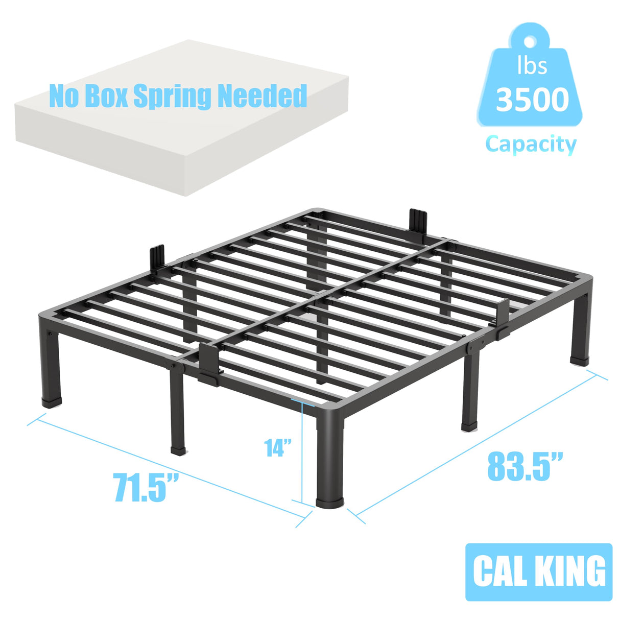 FUIOBYVV California King Bed Frame with Round Corner Edge Legs 14 inch High 3500 lbs Heavy Duty Metal Platform Bed Frame King Size No Box Spring Needed/Noise Free/Steel Slat Support/Non-Slip Black FUIOBYVV