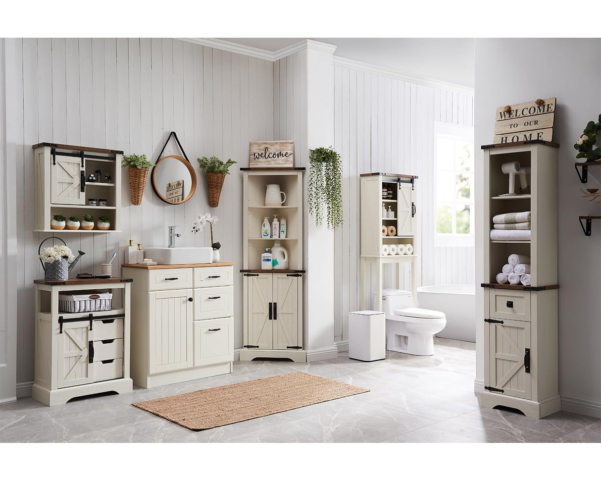 Farmhouse Over The Toilet Storage Cabinet with Sliding Barn Door & Adjustable Shelves in Rustic Oak and Antique White OKD
