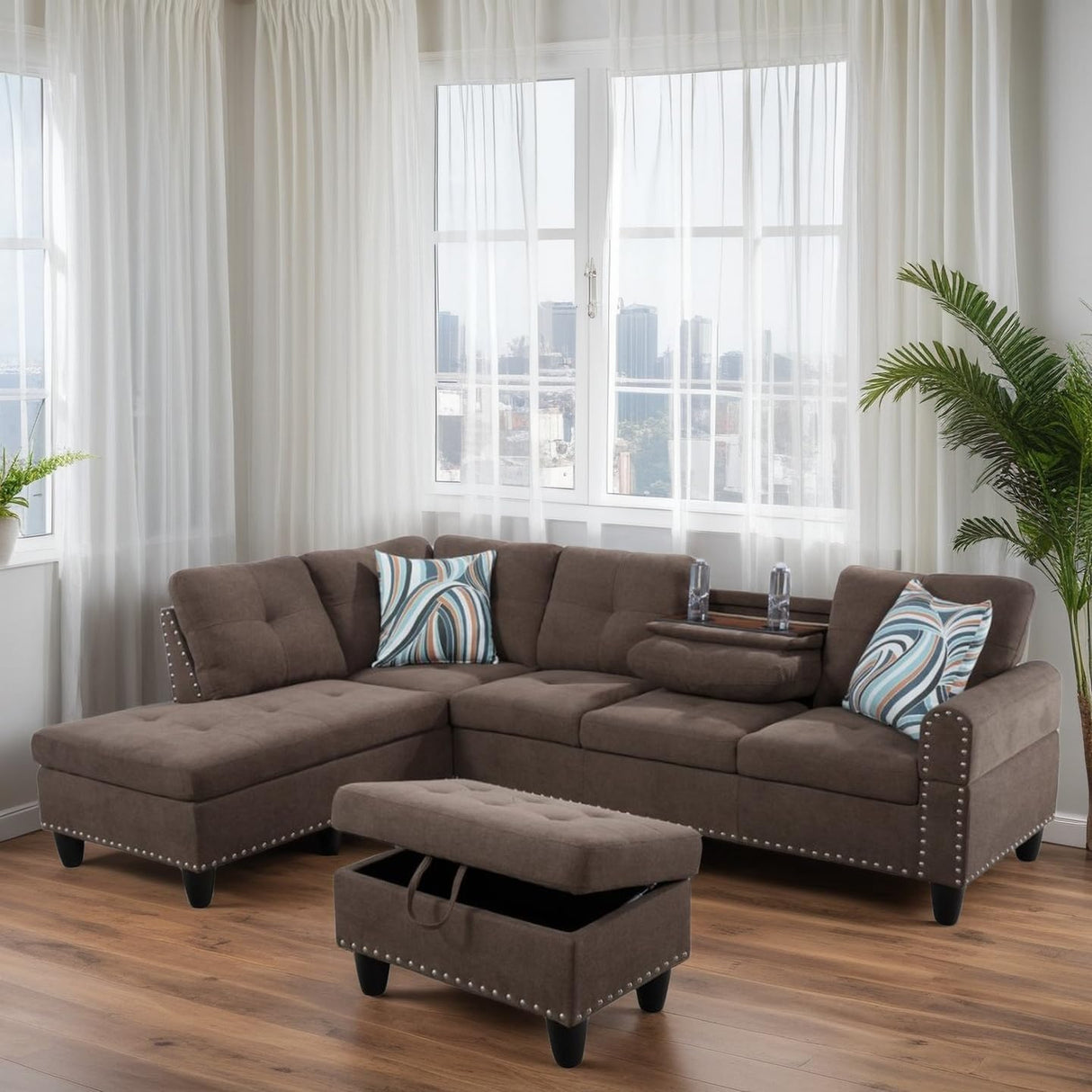 Trygoal L Shaped Couches for Living Room, Sectional Couch Living Room Furniture with Storage Ottoman, Modular Sectional Sofa with Movable Chaise for Apartment Office, Brown Trygoal