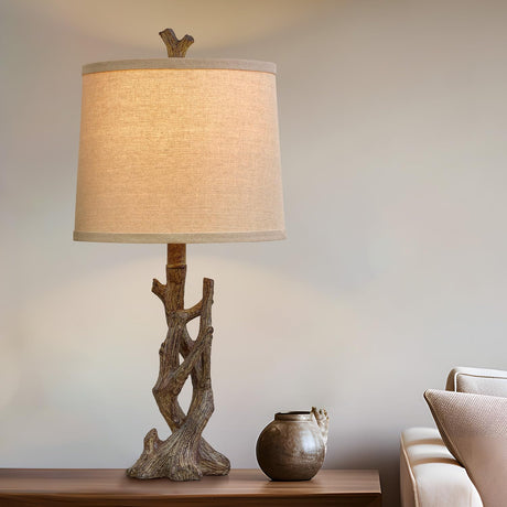 OYEARS 23" Rustic Farmhouse Table Lamp Country Cottage Lamps for Nightstand Tree Trunk Wood Grain Lamp for Bedroom Living Room with Oatmeal Fabric Round Shade Resin Bedside Lamp OYEARS