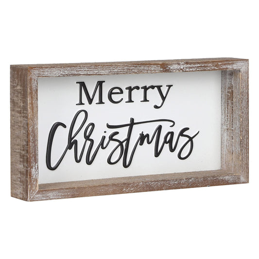 FESTWIND Christmas Tiered Tray Decor, Merry Christmas Block Sign Embossed Metal With Wood Frame - Shelf, Mantel, Home Decor - Rustic Farmhouse Christmas Decoration