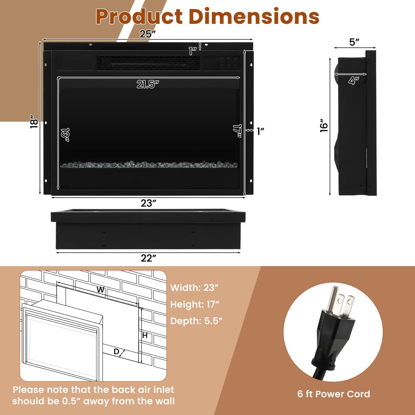 GOFLAME 23 Inch Electric Fireplace Insert, Recessed Quartz Fireplace Heater with 6 Flame Modes & 5 Brightness, Breathable Design, Remote Control, 8H Timer, Overheat Protection, 1500W