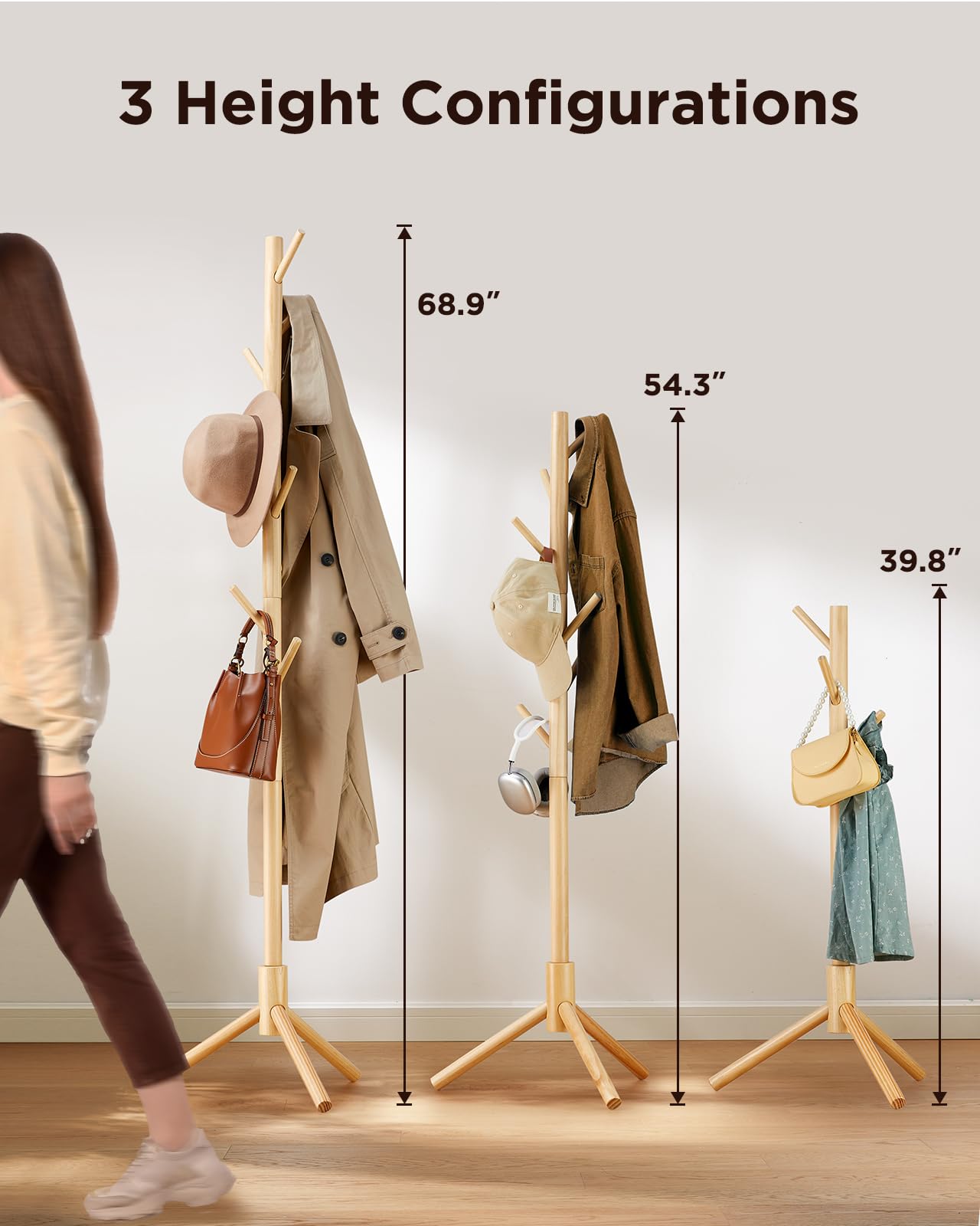 AMADA HOMEFURNISHING Coat Rack Stand, Wooden Coat Rack Freestanding with 8 Hooks, Coat Tree with 3 Height Configurations for Entryway, Hallway, Bedroom, Office, AMWCR01N