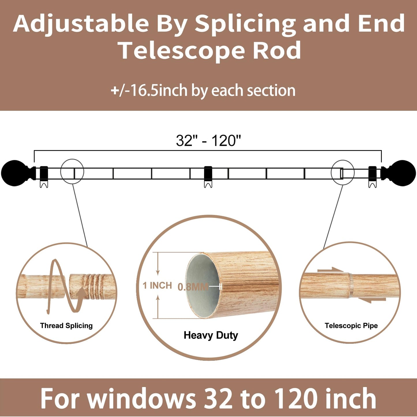 Wood Curtain Rods for Windows 66 to 120, 1 Inch Curtain Rod Set, Heavy Duty Drapery Rods with Imitation Wood Grain Leaf Pattern Finials, Indoor/Outdoor Modern Curtain Rod, 32"-120", Brown