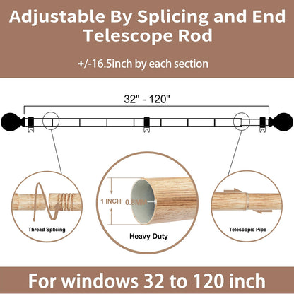 Wood Curtain Rods for Windows 66 to 120, 1 Inch Curtain Rod Set, Heavy Duty Drapery Rods with Imitation Wood Grain Leaf Pattern Finials, Indoor/Outdoor Modern Curtain Rod, 32"-120", Brown