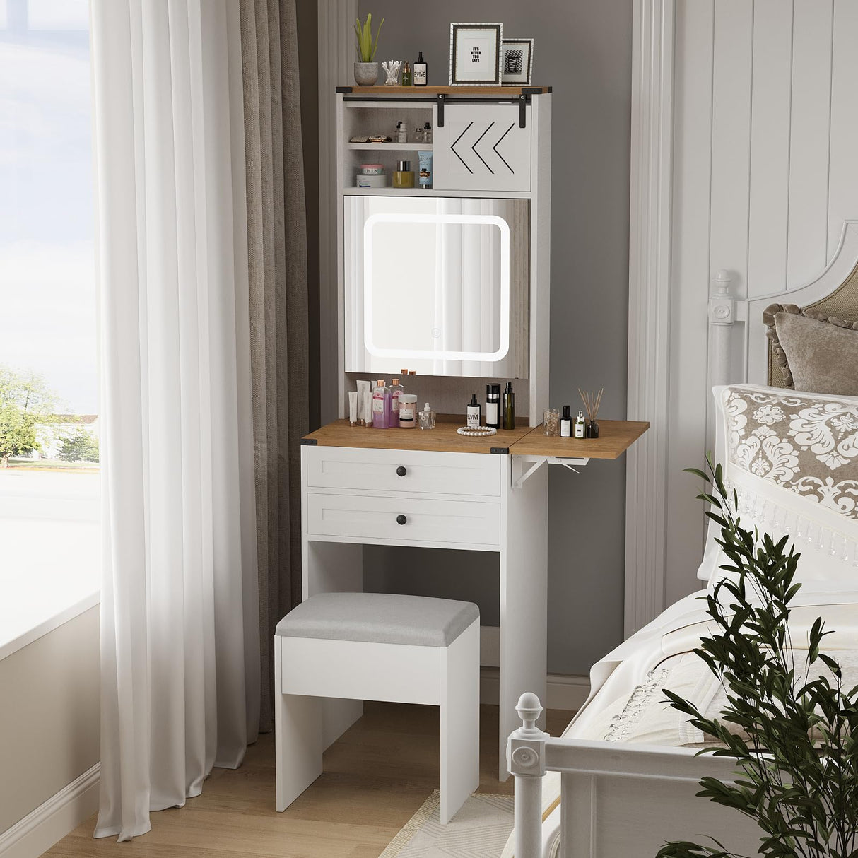 ARTETHYS Farmhouse Small Vanity Desk Set with Mirror Cabinet Compact Makeup Vanity Table with 3 Adjustable Lighted Mirror and Storage Chair for Small ARTETHYS