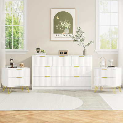 Sscaktu 7 Drawer Dresser and Nightstand Sets for Bedroom, 3 Pcs Bedroom Set，Night Stand Set of 2 & 7 Drawer Dresser with Gold Handles, Modern Wood Chest of Drawers Storage Cabinet Set, White