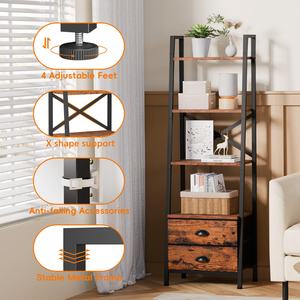 Furologee 4-Tier Ladder Shelf,Small Bookshelf with 2 Drawers,Vertical Bookcase Storage Rack Organizer,Rustic Bookshelves for Living Room,Bedroom,Bathroom,Home Office,Kitchen,Rustic Brown Furologee