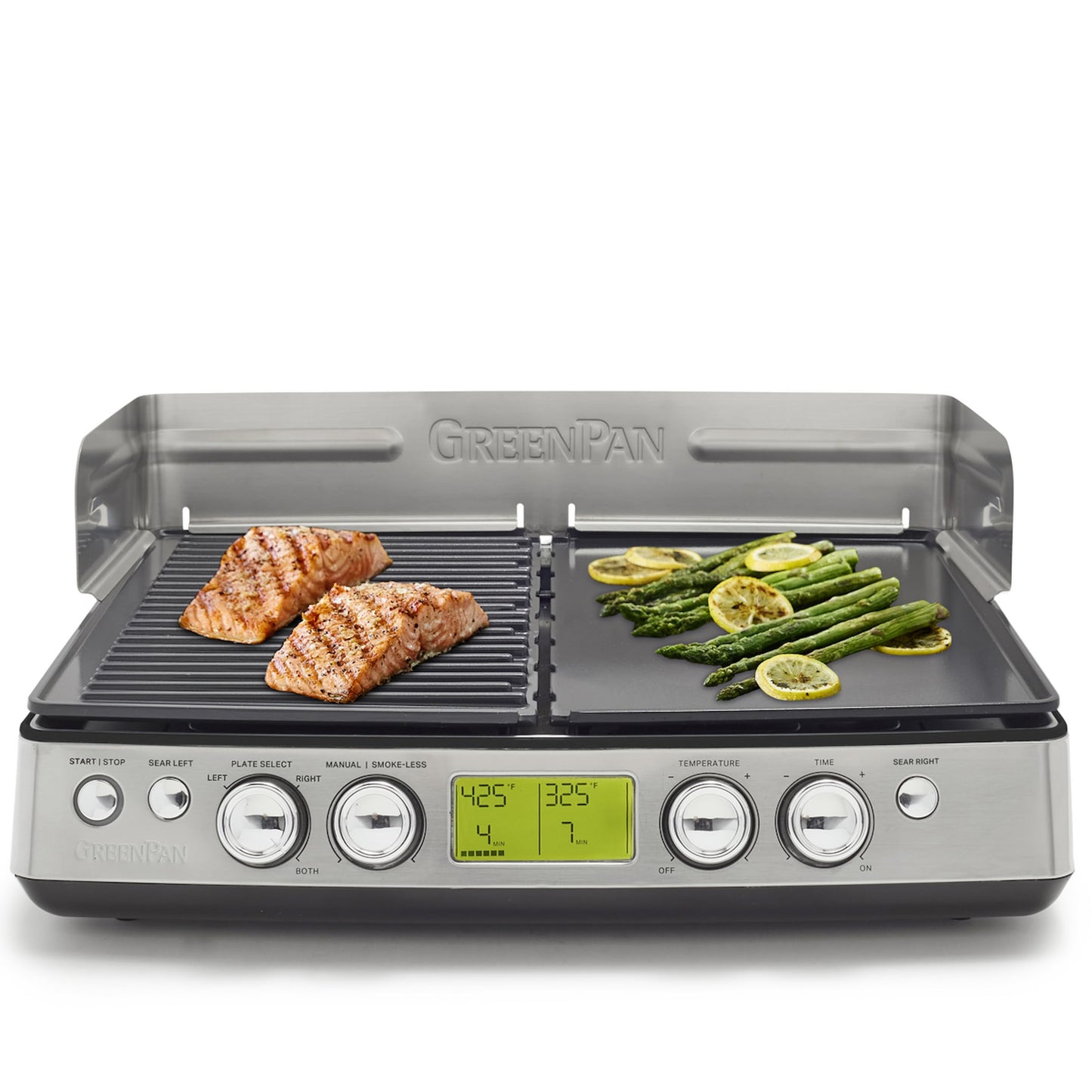 GreenPan Elite XL Smoke-less Grill and Griddle, Healthy Ceramic Nonstick Interchangeable/Removeable Cast Aluminum Plates, Indoor BBQ Sear Sizzle, LCD Display, Splash Guard, Drip Tray, PFAS-Free, Black