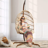 RADIATA Foldable Wicker Rattan Hanging Egg Chair with Stand, Swing Chair with Cushion and Pillow, Lounging Chair for Indoor Outdoor Bedroom Patio Garden (Beige with Stand) RADIATA