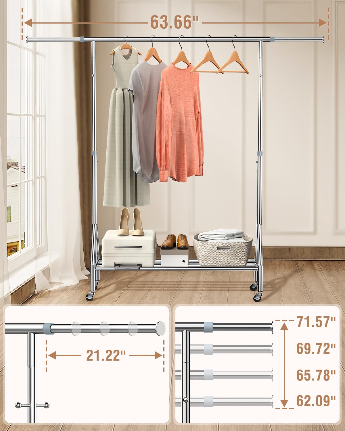 100% Stainless Steel Clothing Rack Load 760LBS, Ultra-Stable Heavy Duty Clothes Rack W/ Reinforced Rubber Ring, Extendable Adjustable Rolling Garment Racks W/ Sturdy Wheel for Portable Hanging Clothes FYBEE