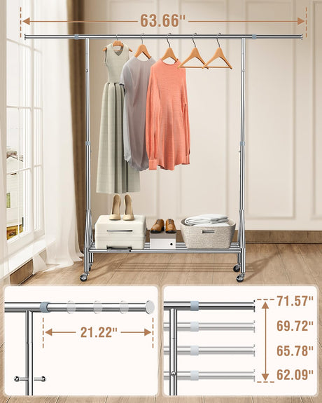 100% Stainless Steel Clothing Rack Load 760LBS, Ultra-Stable Heavy Duty Clothes Rack W/ Reinforced Rubber Ring, Extendable Adjustable Rolling Garment Racks W/ Sturdy Wheel for Portable Hanging Clothes FYBEE