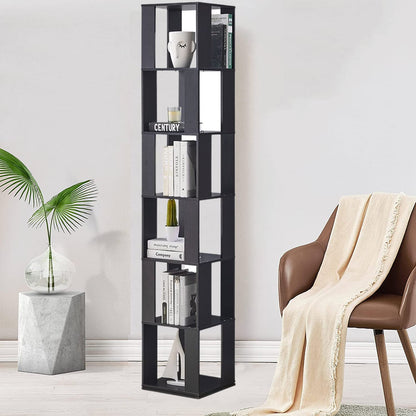 Rotating Bookshelf,6 Tier 360 Floor Standing Revolving Bookcase Storage Rack,Wood Narrow Bookshelf for Small Space,Corner Book Shelf Organizer for Bedroom, Living Room (Black)