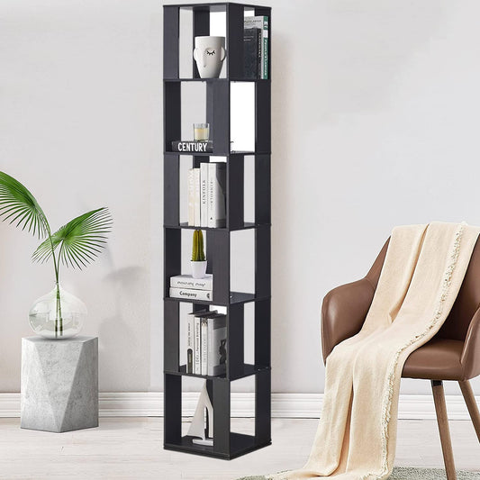 360° Rotating 6-Tier Narrow Bookshelf for Small Spaces - Black Wood Bookcase Storage Rack - WoodArtSupply