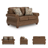 Signature Design by Ashley Shadsburne Rustic Faux Leather Loveseat with Nailhead Trim and 2 Throw Pillows, Brown Signature Design by Ashley