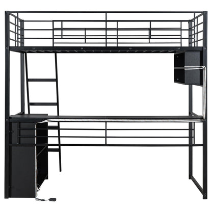 Twin Size Gaming Loft Bed with Desk, LED and 4 Storage Shelves, Metal Twin Loft Bed Frame, High Loft Bed Frame with Storage, Noise-Free, Space-Saving, No Box Spring Needed, Black