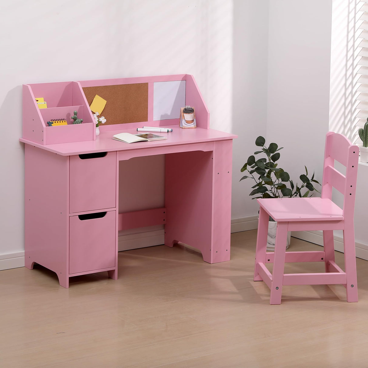 GarveeHome Kids Study Desk and Chair Set, Wooden School Learning Table with Storage, Hutch and Bulletin Board, Children Computer Desk with Chair, Small Toddler Desk for Home, School, Pink GarveeHome