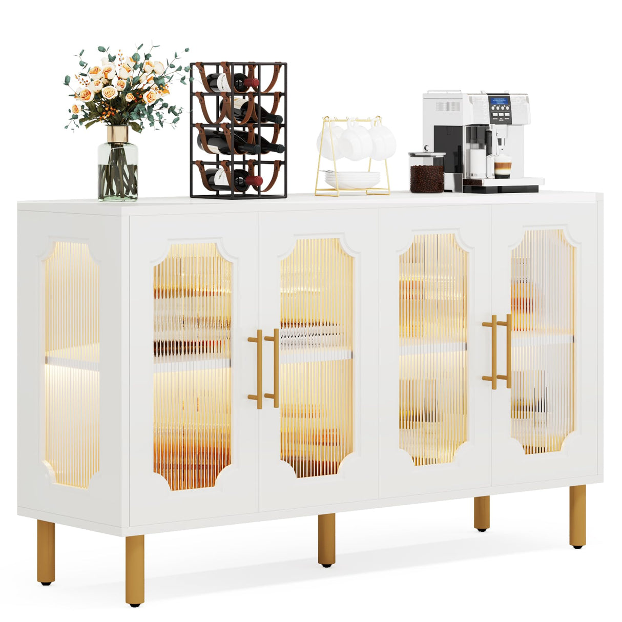 Tribesigns Modern Buffet Cabinet, LED Light Sideboard Cabinet with Acrylic Doors, 55" Coffee Bar Accent Storage Cabinet for Living Room, Dining Room, White Tribesigns