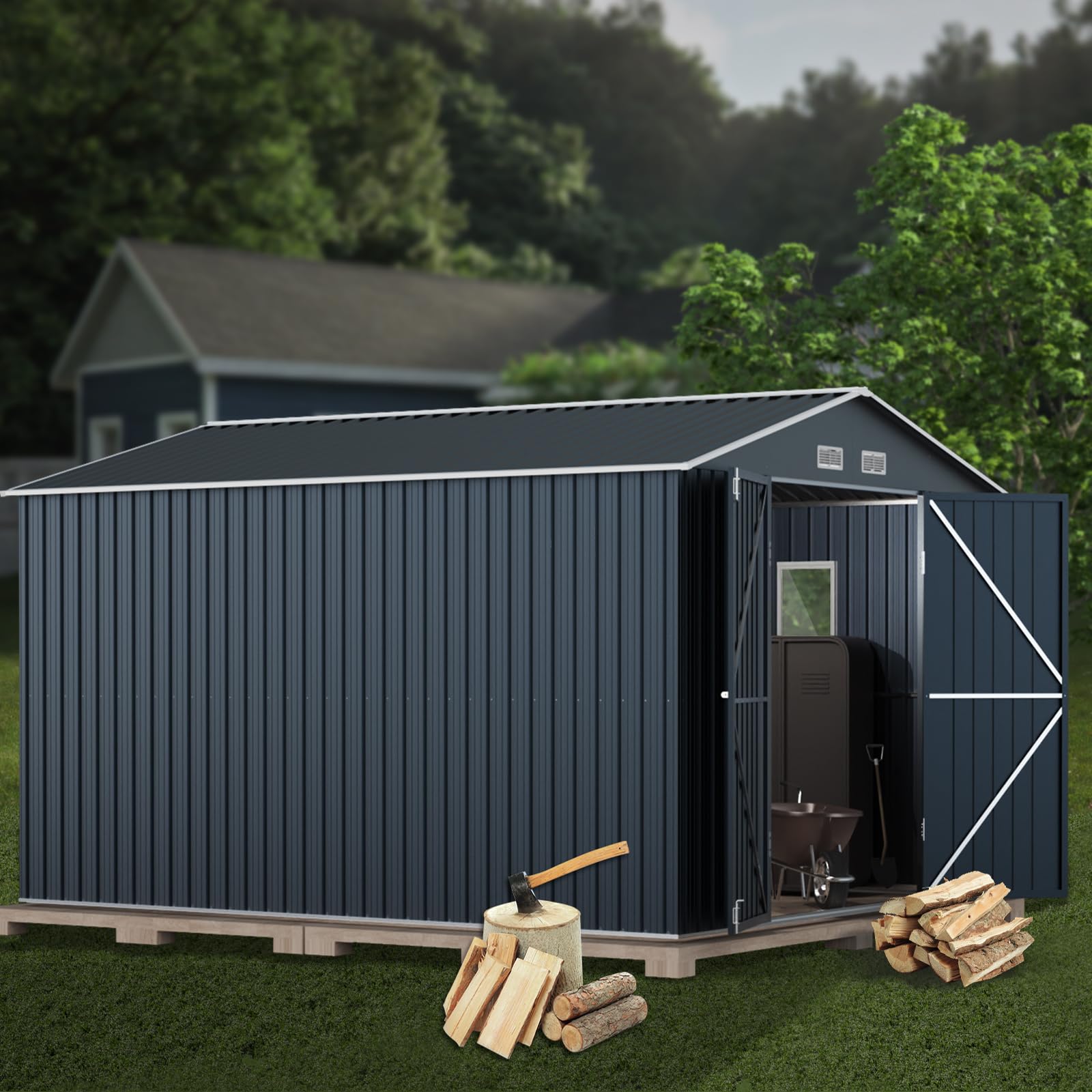 MistMo 10X12X7.5 FT Outdoor Steel Storage Shed with Lockable Doors, 2 Windows, Transparent Roof Panels (Wood Panels & Frame Floor Not Included), Ideal for Garden, Backyard, Patio Storage - WoodArtSupply