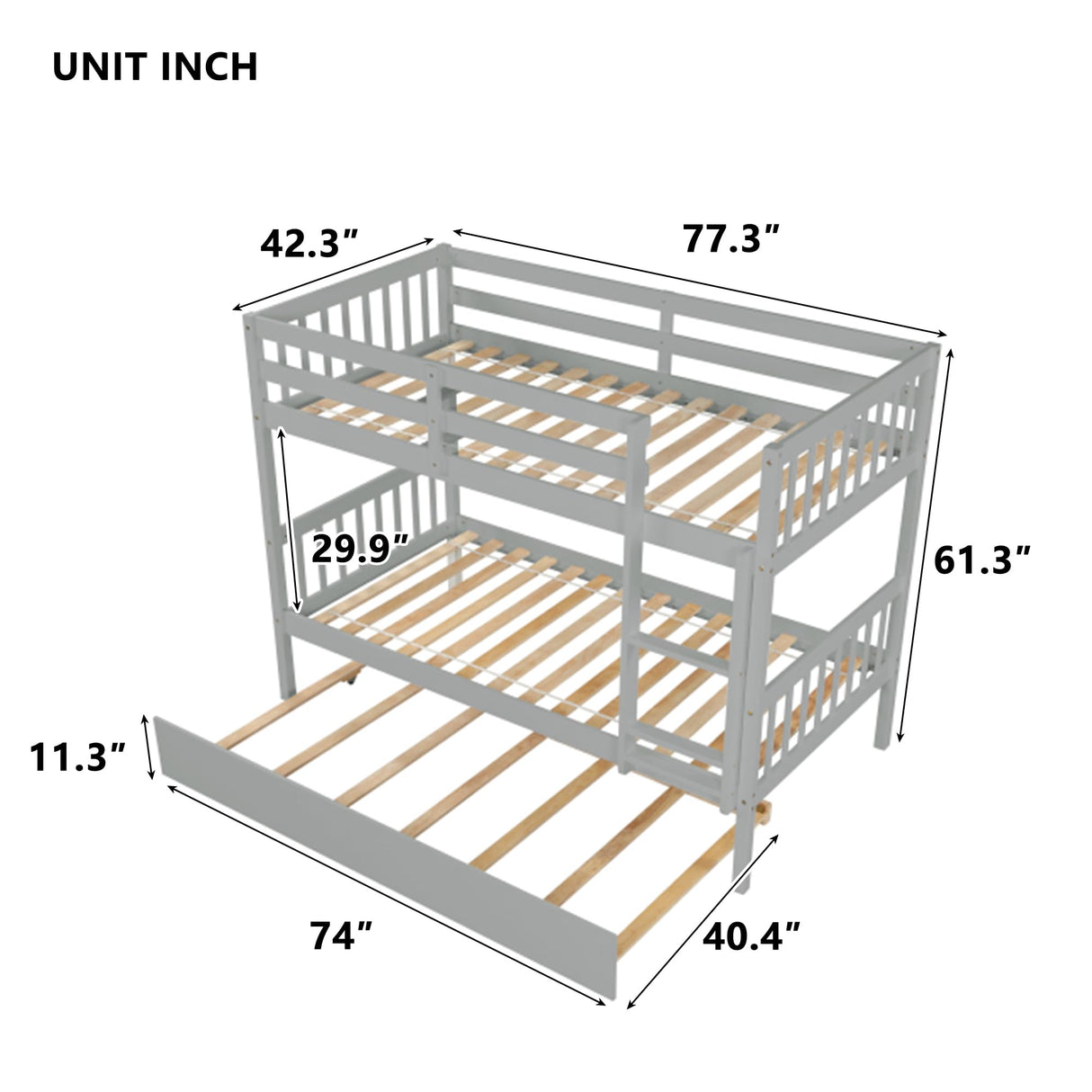 DNChuan Twin Over Twin Bunk Bed with Trundle,Triple Bunk Bed Convertible Into 3 Platform Beds,3-in-1 Beds with Headboard and Footboard,Wooden Frame for Kids Adults-Gray DNChuan