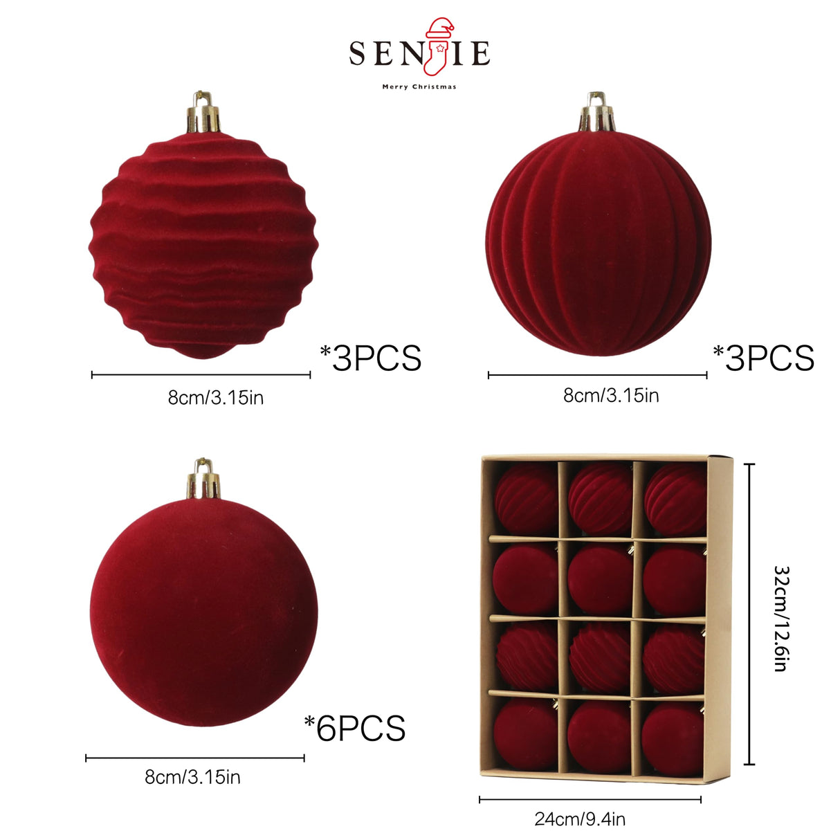 Senjie 3.15inch Burgundy Velvet Christmas Ornaments Balls Flocked Christmas Tree 12PCS Plastic Balls Xmas Hanging Ornaments Decoration Red Senjie