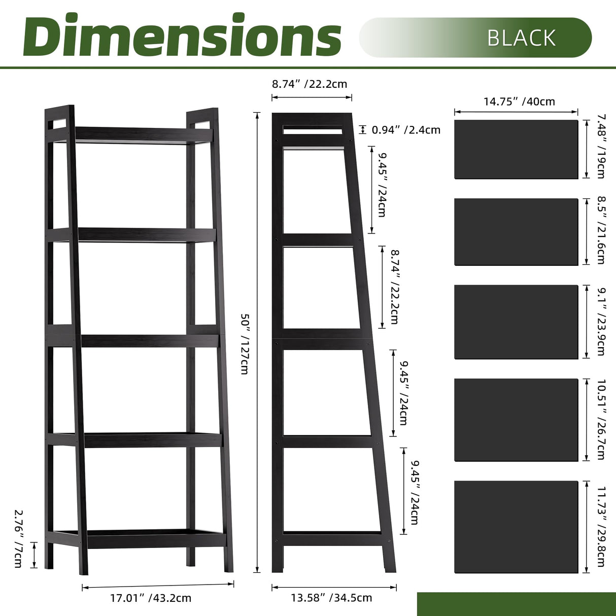 vovala Bookshelf, 5 Tier Ladder Bookcase with Bamboo Frame, Freestanding Tall Narrow Display Plant Shelf for Living Room, Kitchen, Bedroom, Balcony, Black vovala