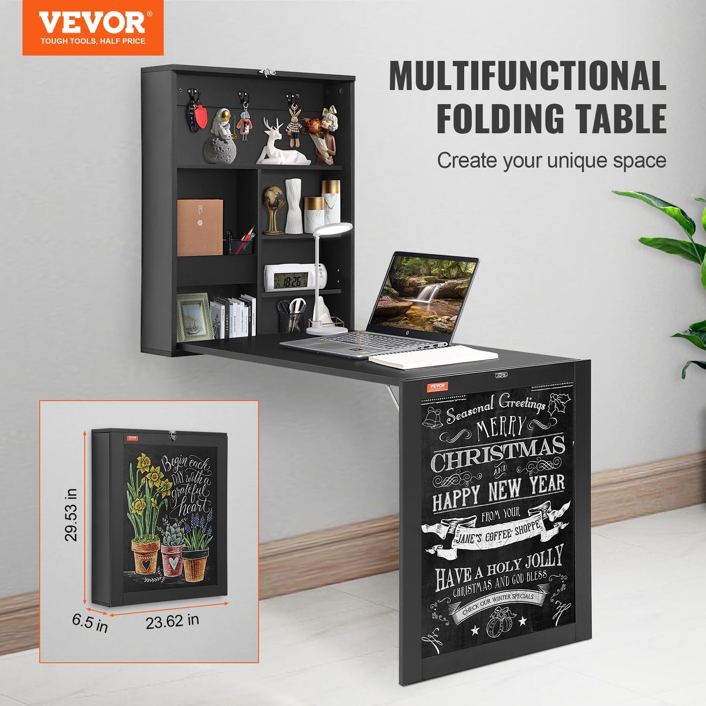 VEVOR Mounted Convertible, Multi-Function Folding Wall Table with Chalkboard for Home Office, Space Saving Computer Desk with Storage Area, Black - WoodArtSupply