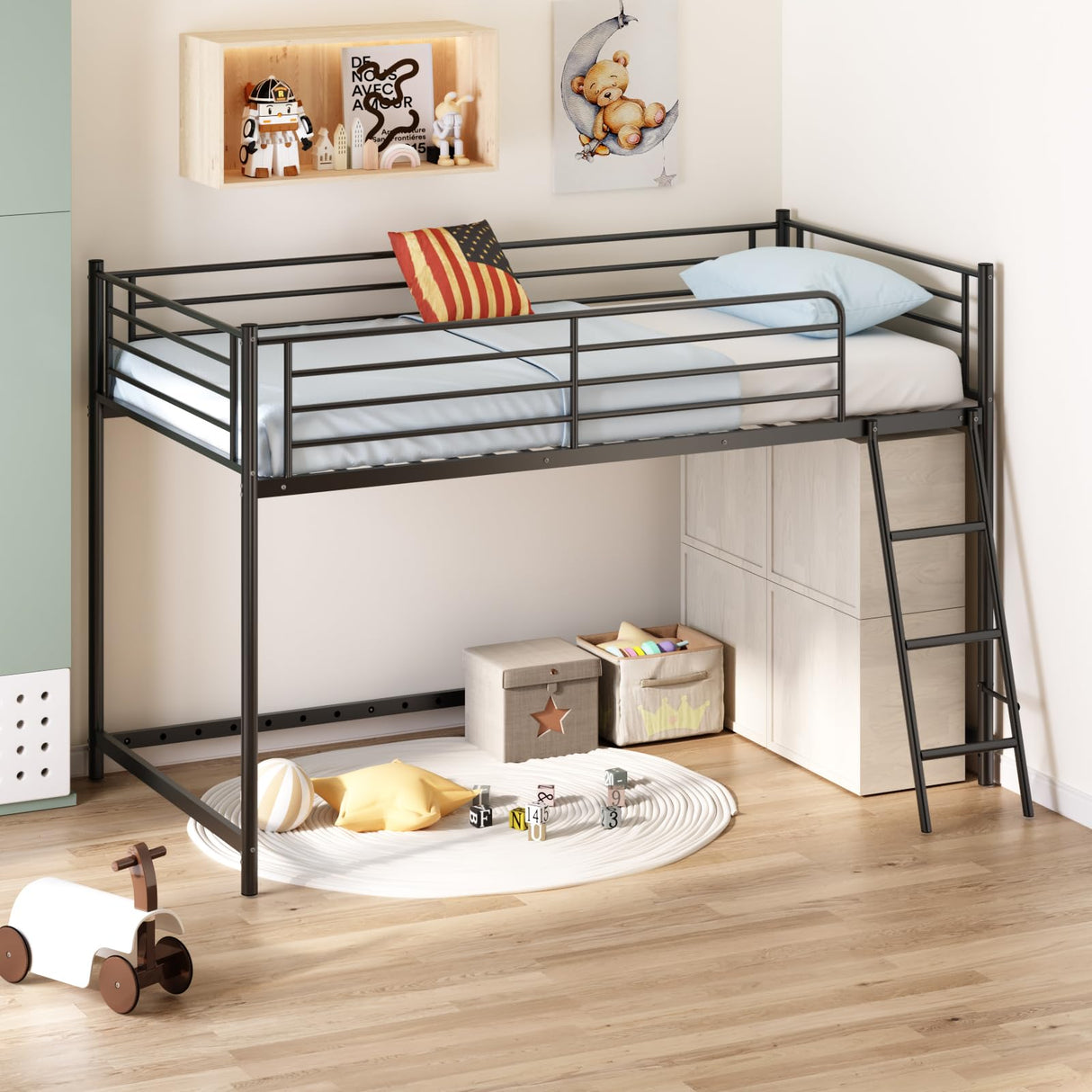 JOYMOR Low Loft Bed with Inclined Ladder, Metal Twin Size Bed Frame with 15” High Guardrail for Boys Girls, Junior, Space Saving, Mattress Not Included (Black) JOYMOR
