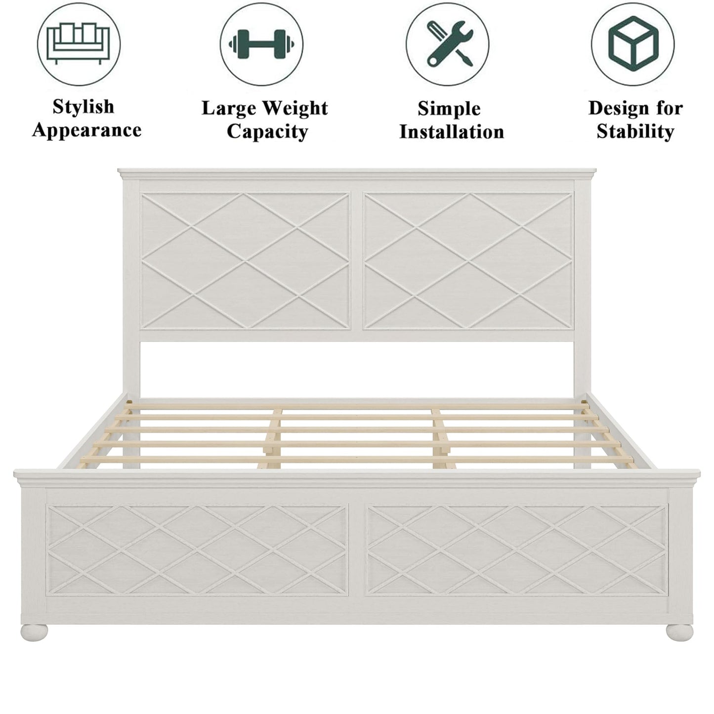 King Size Platform Bed with Tall Headboard & Footboard, Solid Wood King Bed Frame with Farmhouse Rustic Design,Wood Slats Support, No Squeak, No Box Spring Needed,Antique White - WoodArtSupply