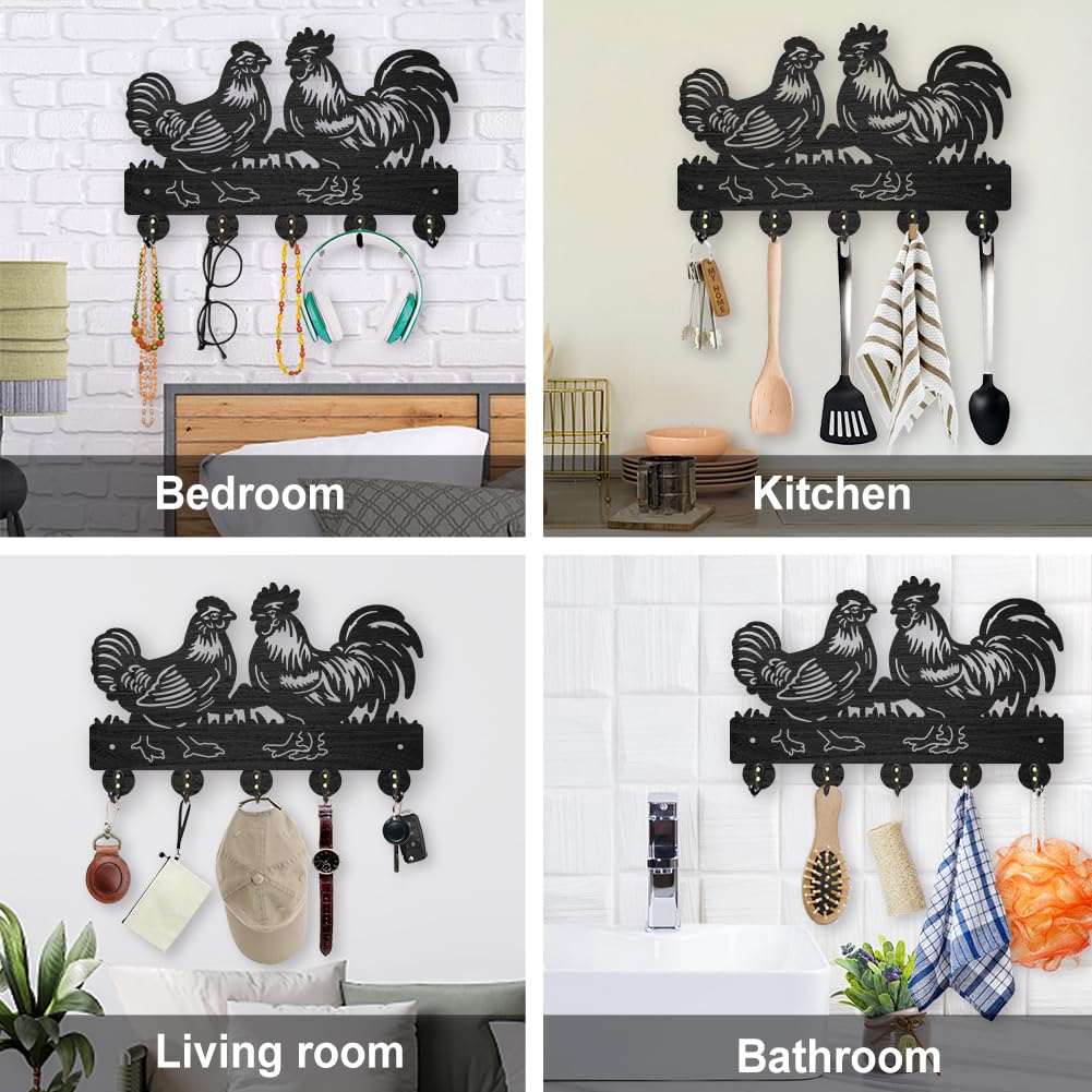 MAYJOYDIY Rooster Hen Coat Hooks Wall Mount Wood Farmhouse Animal Mushroom Key Holder for Wall 11.8×7.9inch Decorative Key Rack 5 Alloy Hooks for Gift Hallway Entryway Kitchen Farm Decor