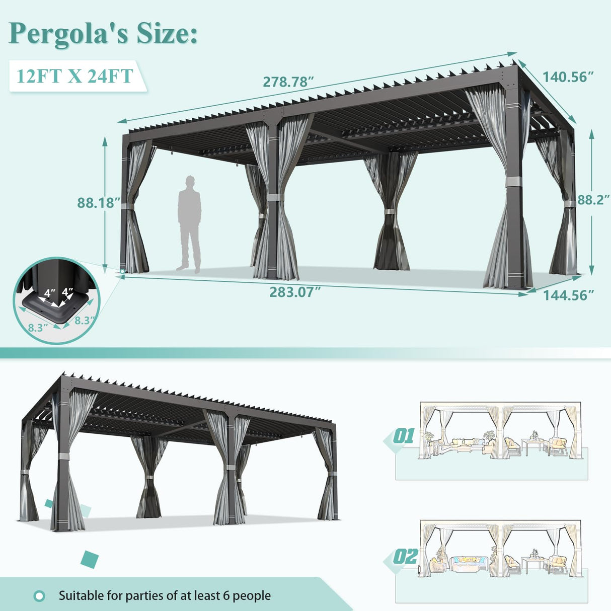 YOLENY Louvered Pergola 12x24, All Aluminum Pergola with Adjustable Rainproof Roof, Outdoor Pergola with Curtains and Nets for Patio & Garden, Dark Grey YOLENY