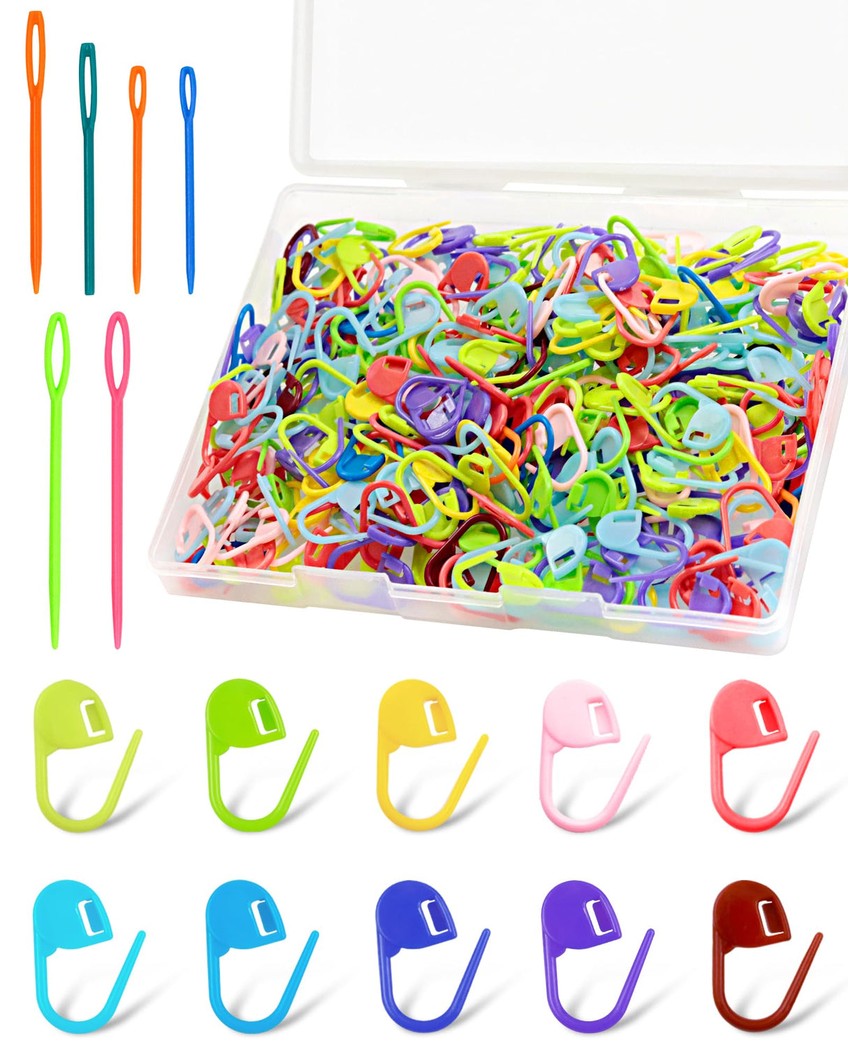 300pcs FIVEIZERO Stitch Markers with 6 pieces of large blunt sewing needles,colorful knitting markers,plastic crochet hook clip,bulk Crochet hook markers for knitting stitch locking clip crochet hooks FIVEIZERO