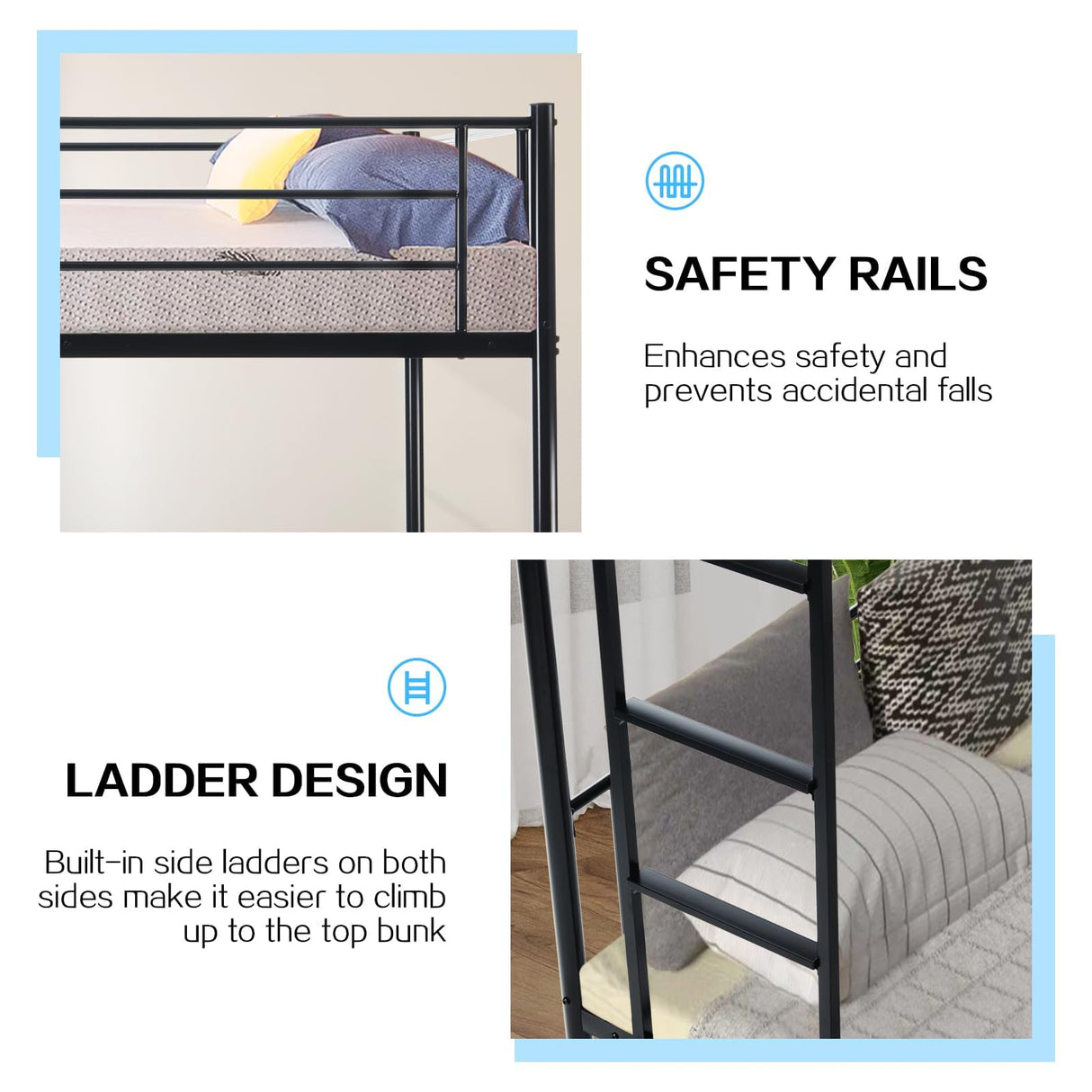 QUJEON Bunk Bed,Bunk Bed Twin Over Twin for Kids Teens Adults,Metal Bed Frame with Ladders and Guardrail,Sturdy Literas Heavy Duty Metal Slats,No Spring Box Required,Black QUJEON