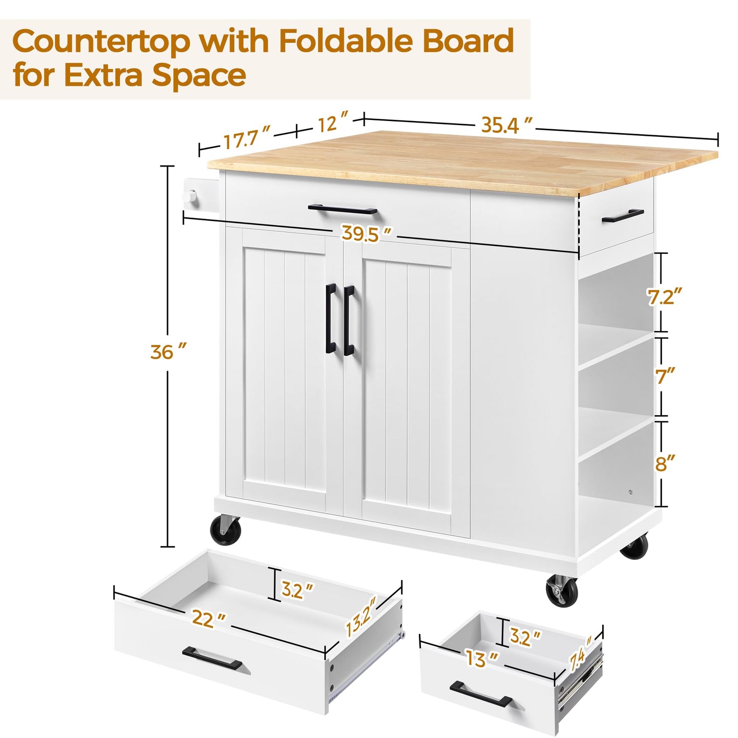 Yaheetech Rolling Kitchen Island Cart with Drop Leaf, Portable Rubberwood Breakfast Bar with Storage Cabinet, Open Shelves & Detachable Towel, 2 Drawers, White