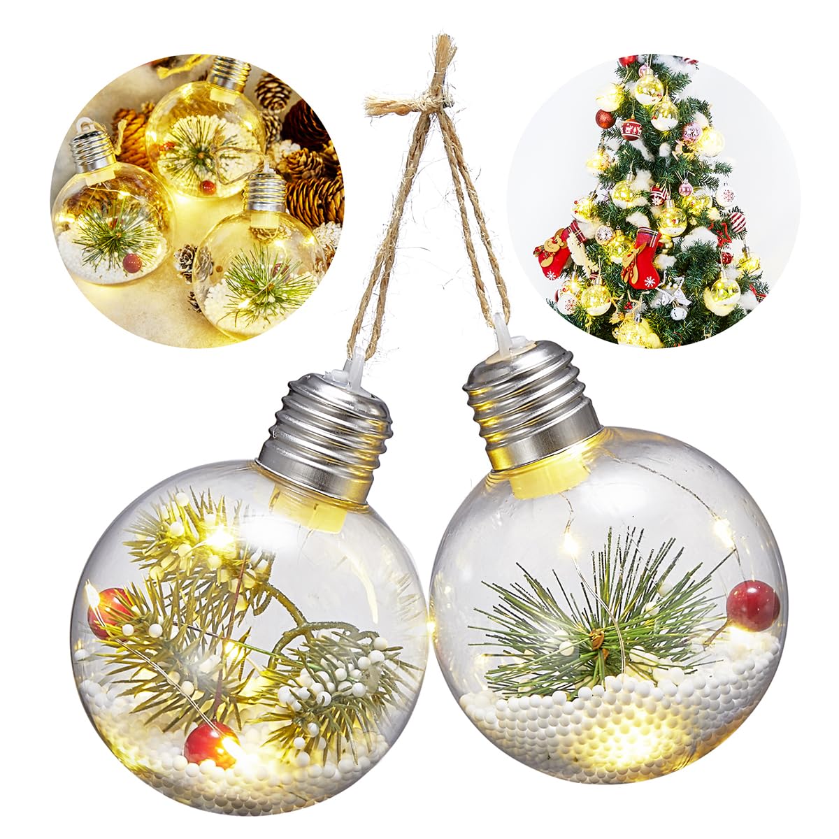 Wonnisx-2 Packs 8cm*8cm LED Christmas Tree Balls/LED Christmas Lights，Christmas Tree Decoration Ball/Glowing Transparent Christmas Balls