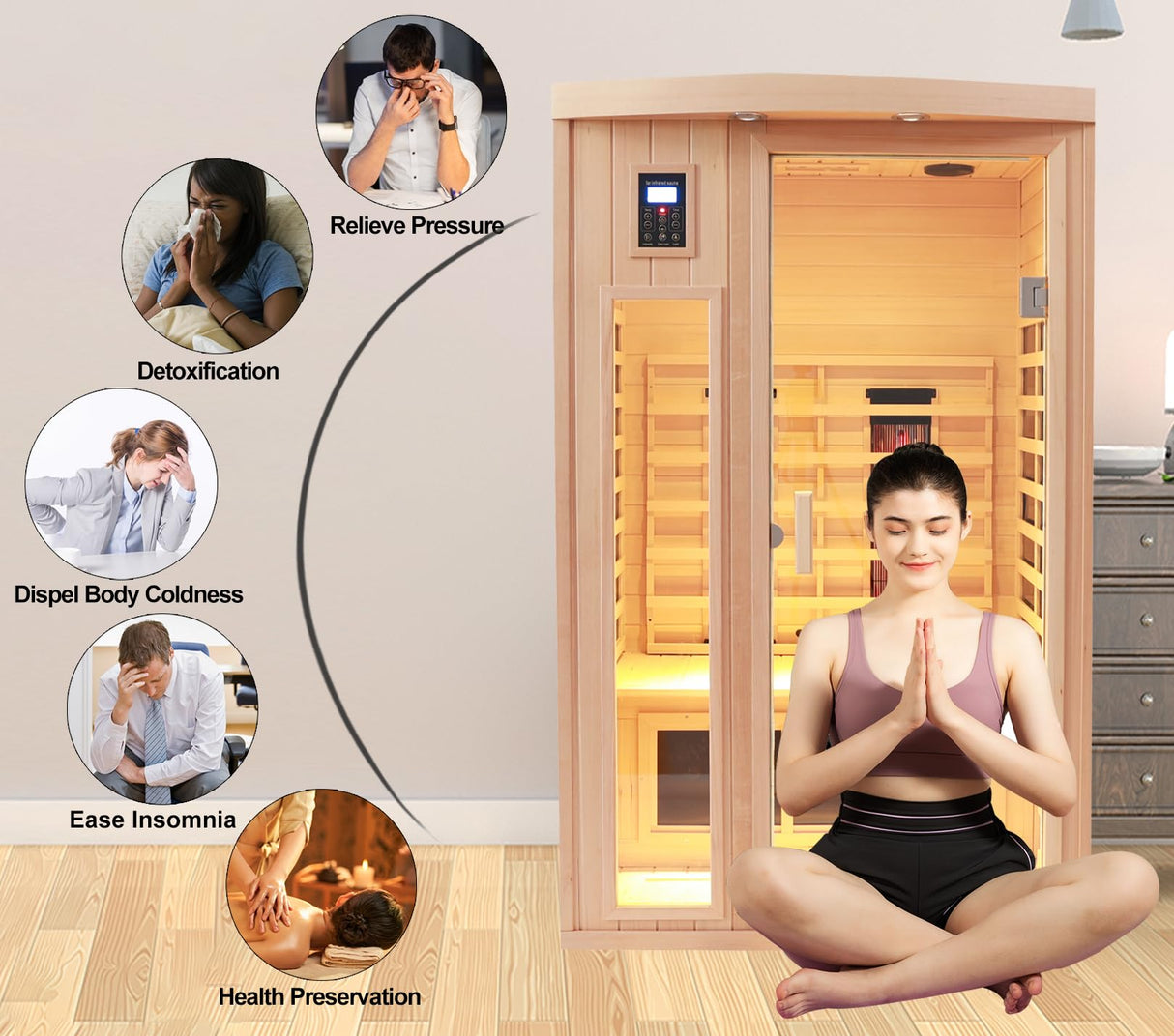 KUNSANA Ceramic Infrared Sauna 2 Person Far Infrared Sauna Hemlock Saunas Room for Home 2 in 1 Indoor Sauna with Low EMF Heaters + Ceramic Heating Cubes-Chromotherapy-Bluetooth Speaker KUNSANA