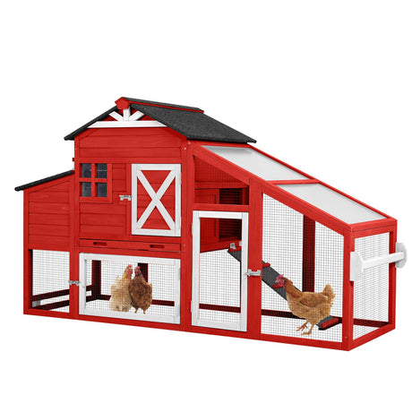 Outdoor Chicken Coop, Hen House with 2 Nesting Box, 2 Story Wooden Poultry Cage with Wheels and Leakproof Pull Out Tray, Chicken Coop for 2-4 Chickens (Red) Suumerpety