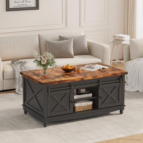 ALLSTAND 48" Farmhouse Lift Top Coffee Table with Storage Sliding Barn Door & Large Hidden Compartment, Coffee Table with Lifting Top with Wooden Lift Tabletop, Coffee Tables for Living Room, Black ALLSTAND