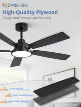ZMISHIBO Ceiling Fans with Lights and Remote, 52 Inch Black Modern, with 24W 2400LM High Bright LED Light, Quiet Powerful DC Pure Copper Motor for Bedroom, Kitchen, Living Room ZMISHIBO