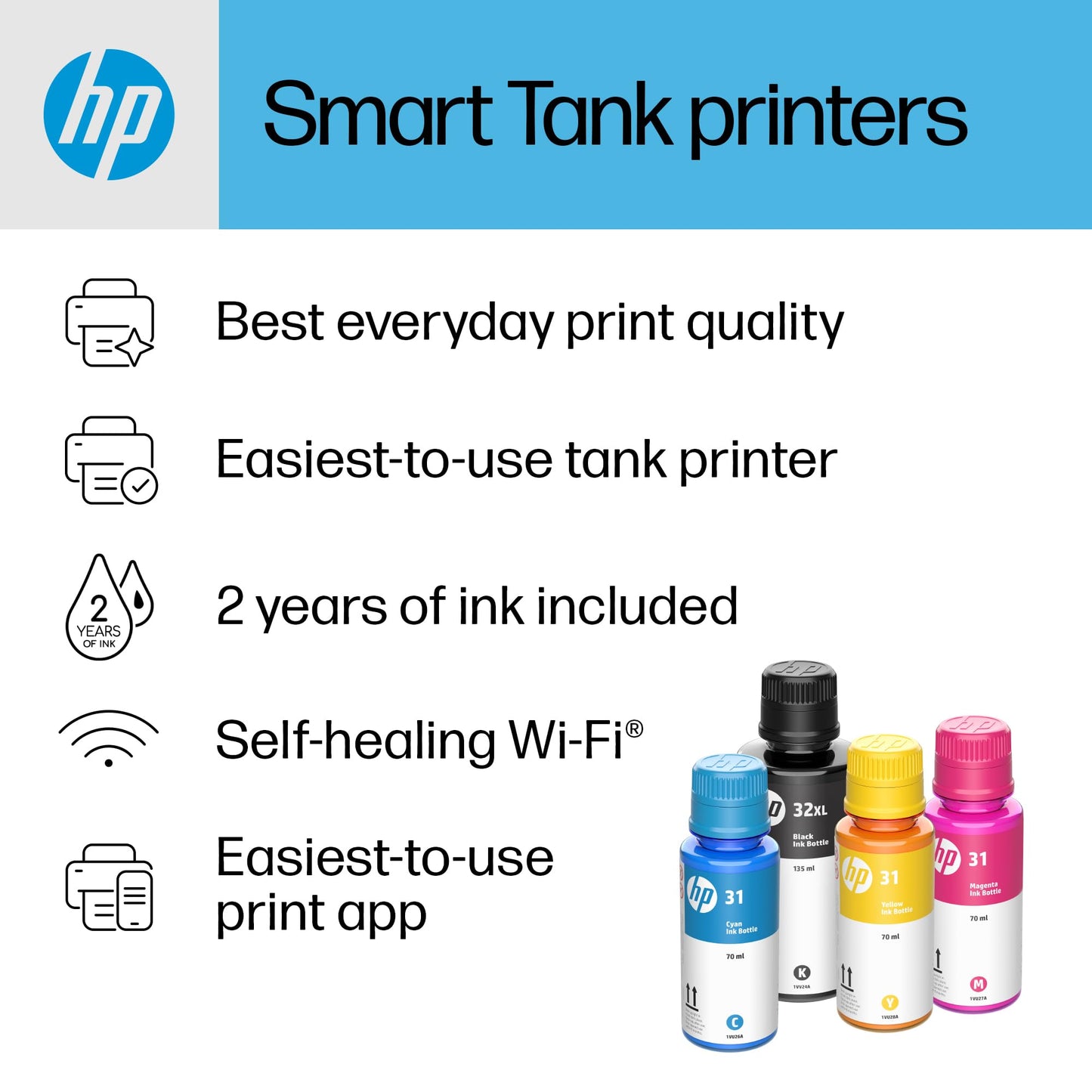 HP Smart -Tank Plus 651 Wireless All-in-One Ink -Tank Printer, up to 2 Years of Ink in Bottles, Auto Document Feeder, Mobile Print, Scan, Copy, Works with Alexa (7XV38A)