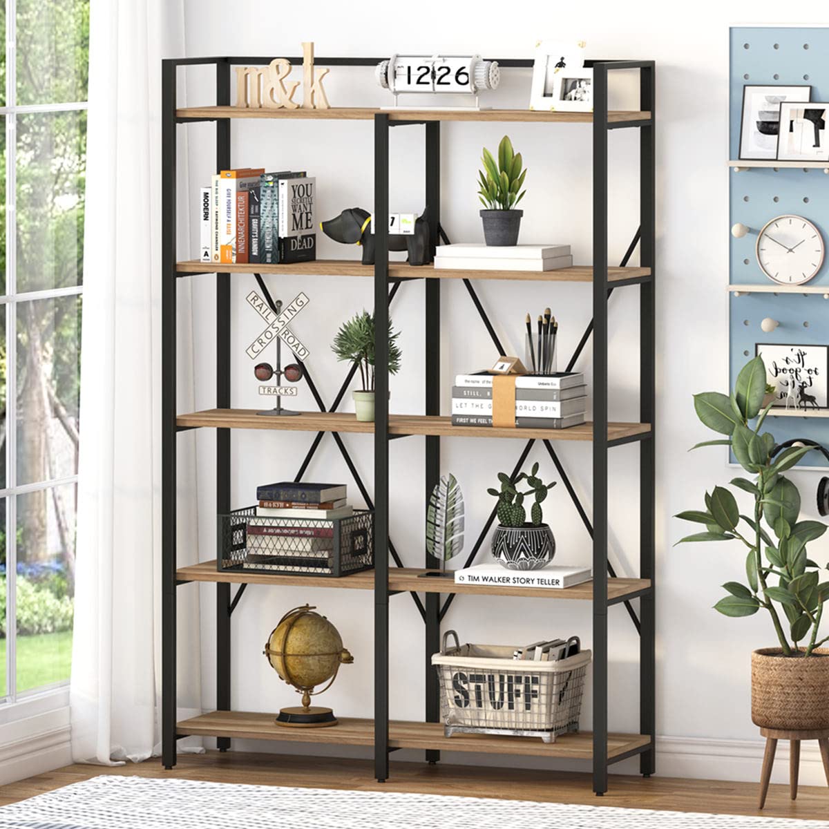 BON AUGURE 5-Tier Vintage Oak Industrial Bookshelf - Heavy Duty Etagere Shelving Unit for Home & Office BON AUGURE