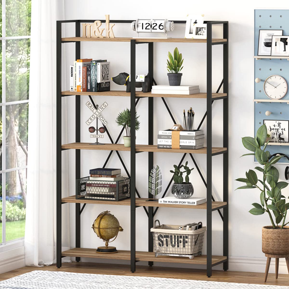 BON AUGURE 5-Tier Vintage Oak Industrial Bookshelf - Heavy Duty Etagere Shelving Unit for Home & Office - WoodArtSupply