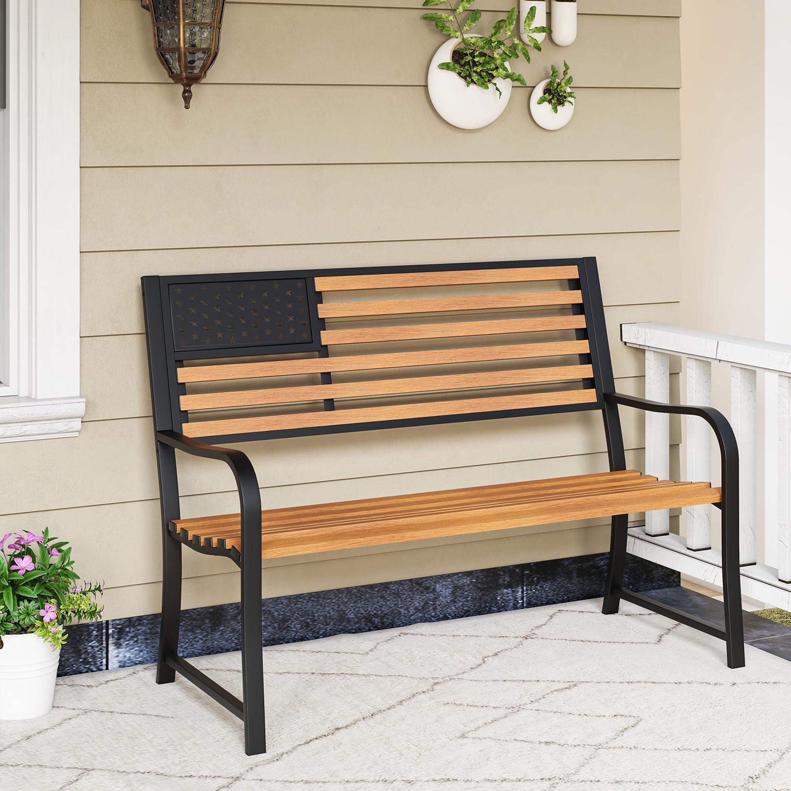 Tangkula 50” Patriotic Metal Garden Bench for 2 with Rustic Wood Finish and Ergonomic Design - WoodArtSupply